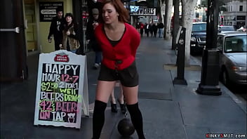 Mistress Princess Donna Dolore ties bowling ball to slave Jodi Taylor and makes her drag it in public streets then in bar makes her suck and fuck